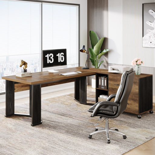 70.8" Executive Desk, L - Shaped Home Office Desk with File Cabinet Tribesigns