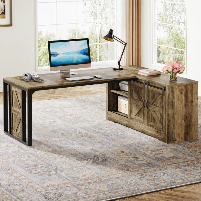 70.8" L - shaped Desk, Farmhouse Executive Desk with File Cabinet Tribesigns