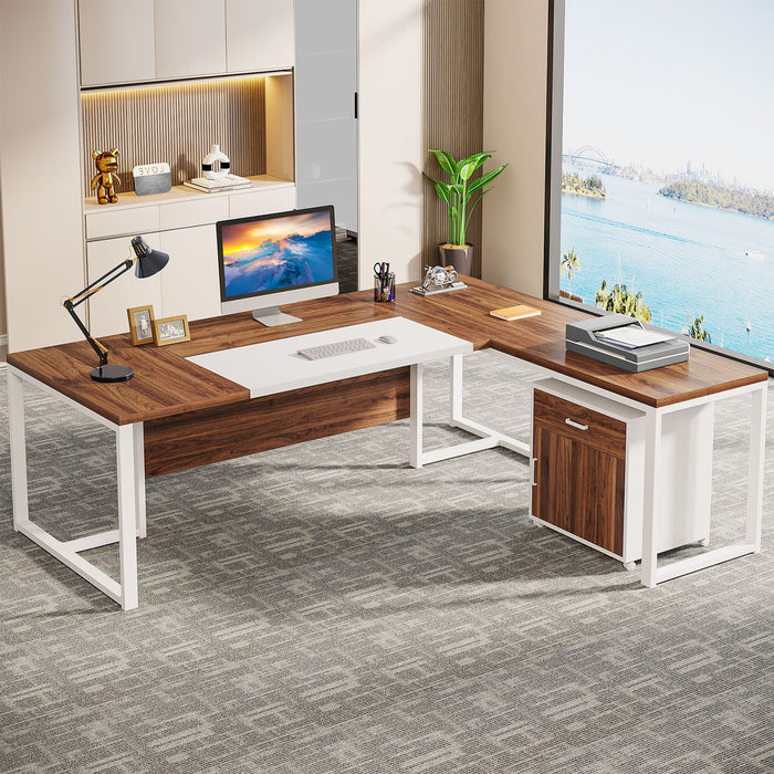 70.8" L - Shaped Desk, Large Executive Desk with Mobile File Cabinet Tribesigns