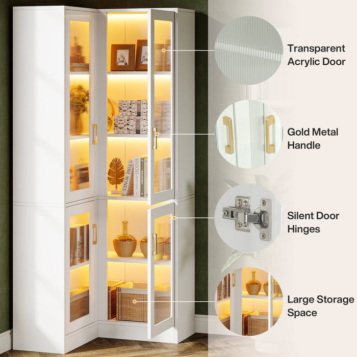 70.9" L - Shaped Bookshelf, 5 - Tier Bookcase with LED Light and 4 Acrylic Doors Tribesigns