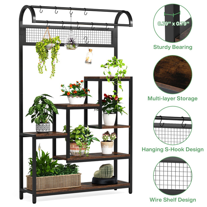 70.9" Plant Stand, 5-Tier Flower Bonsai Pots with 10 Hanging Hooks Tribesigns