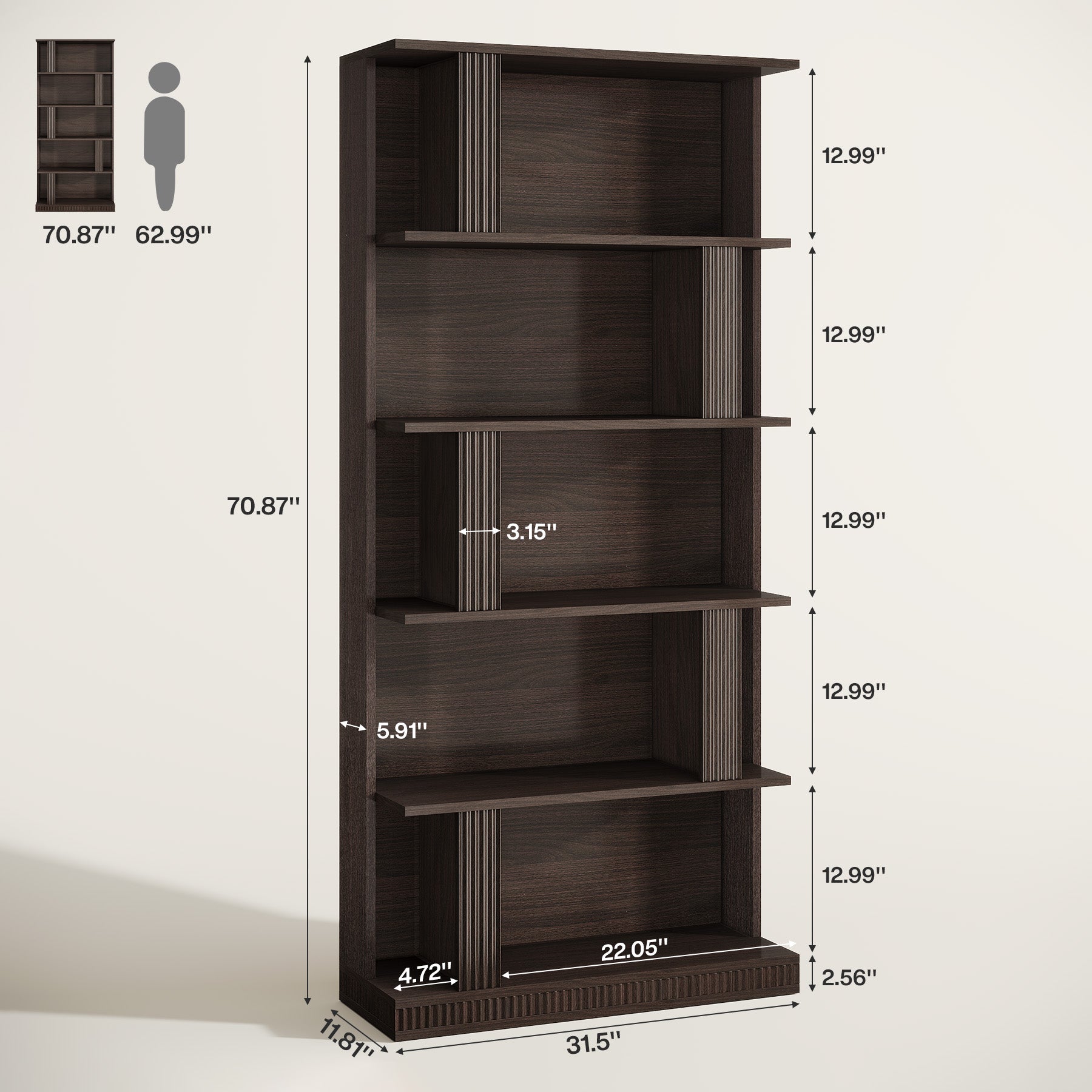 70" Bookshelf, 5-Tier Modern Bookcase with Open Display Shelves