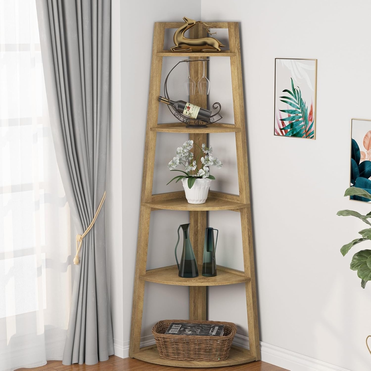 70" Tall Corner Bookshelf, 5 Tier Modern Corner Bookcase Ladder Shelf Plant Stand