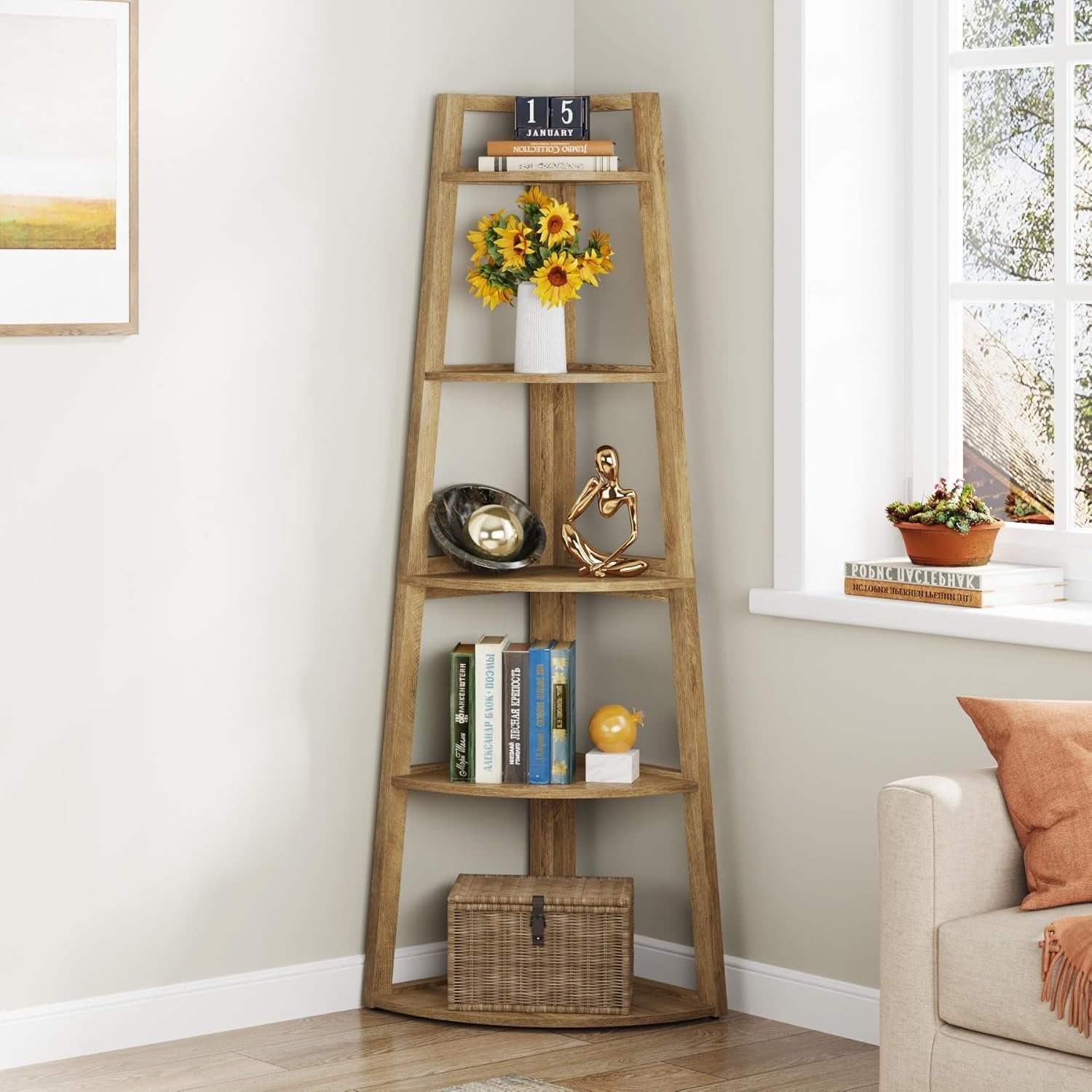 70" Tall Corner Bookshelf 5 Tier Modern Corner Bookcase - Thumbnail 5