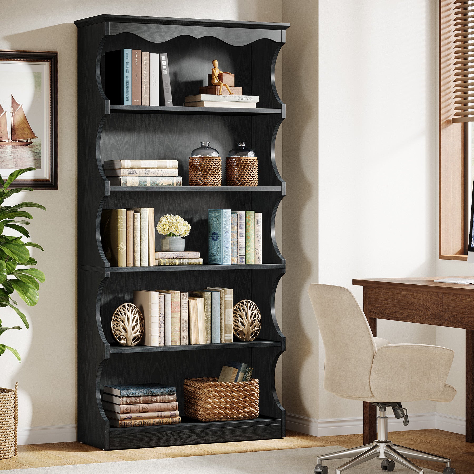 70" Vintage Bookcase, 5-Tier Bookshelf Display Shelves with Unique Curved-Edge Design