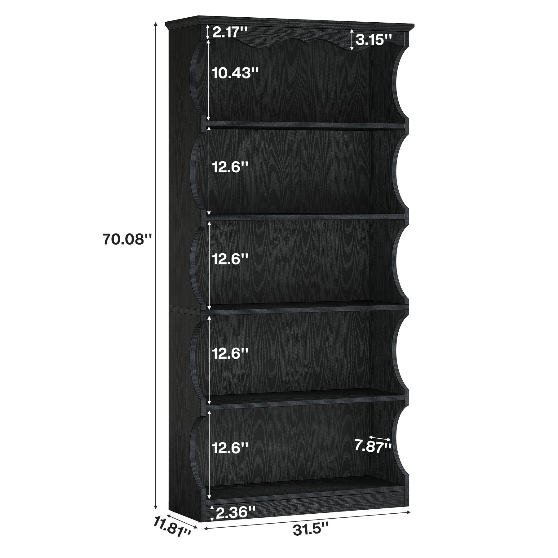 70" Vintage Bookcase, 5-Tier Bookshelf Display Shelves with Unique Curved-Edge Design
