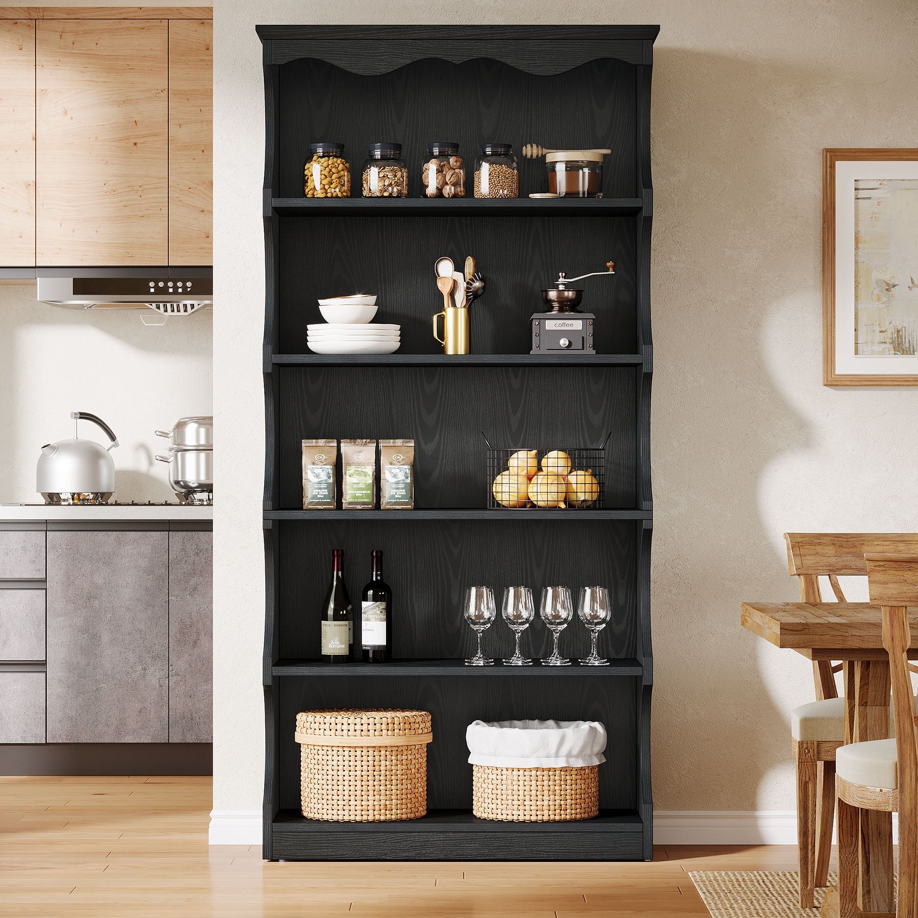 70" Vintage Bookcase, 5-Tier Bookshelf Display Shelves with Unique Curved-Edge Design