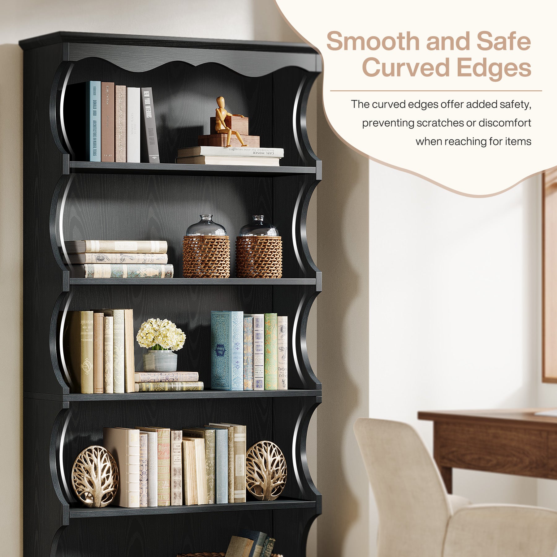 70" Vintage Bookcase, 5-Tier Bookshelf Display Shelves with Unique Curved-Edge Design