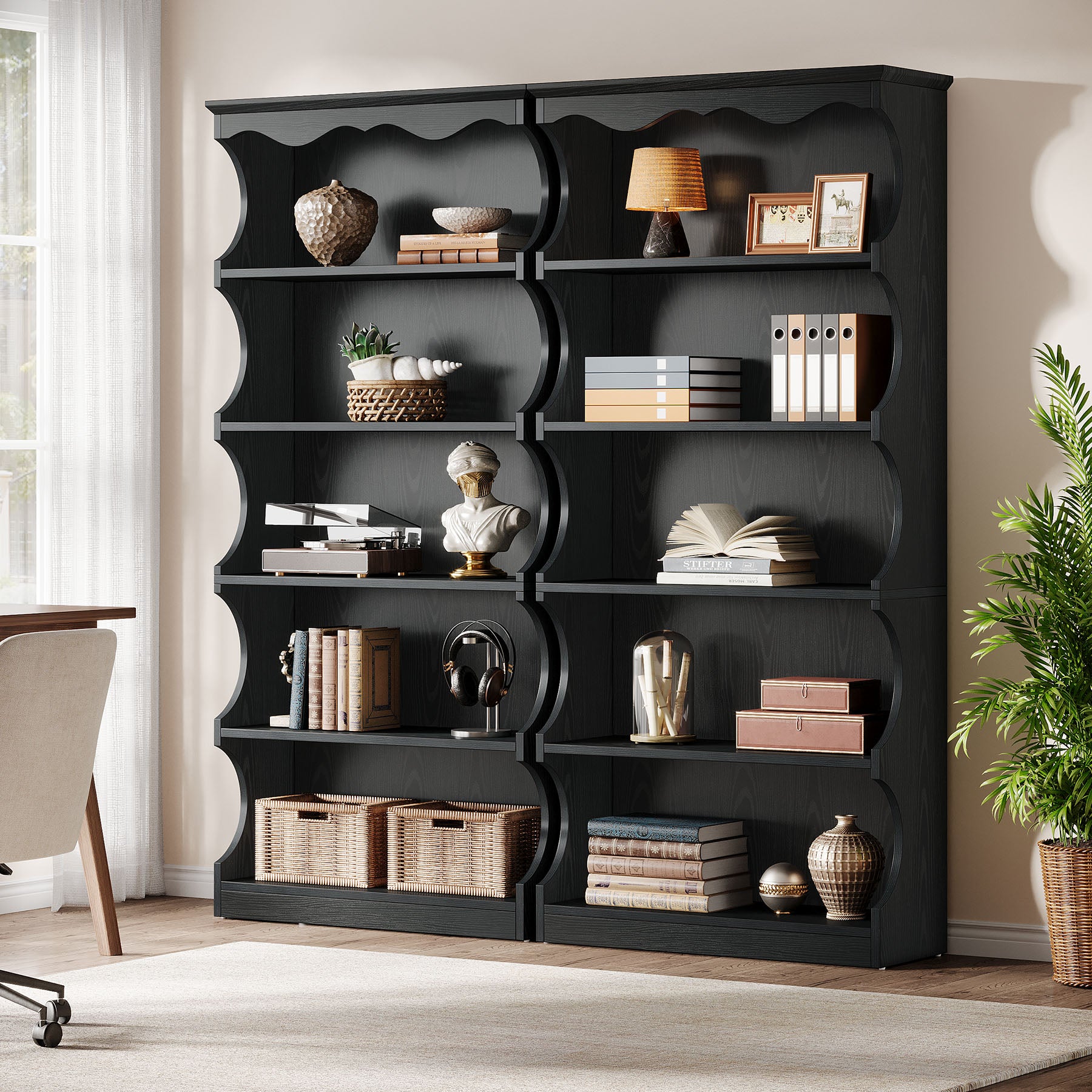 70" Vintage Bookcase, 5-Tier Bookshelf Display Shelves with Unique Curved-Edge Design