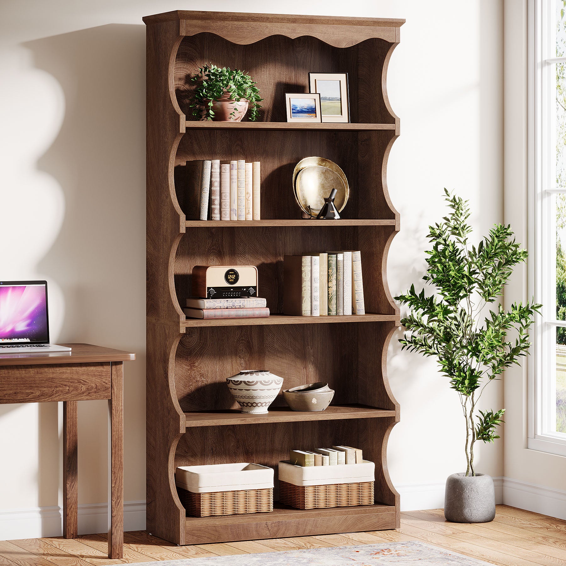 70" Vintage Bookcase, 5-Tier Bookshelf Display Shelves with Unique Curved-Edge Design