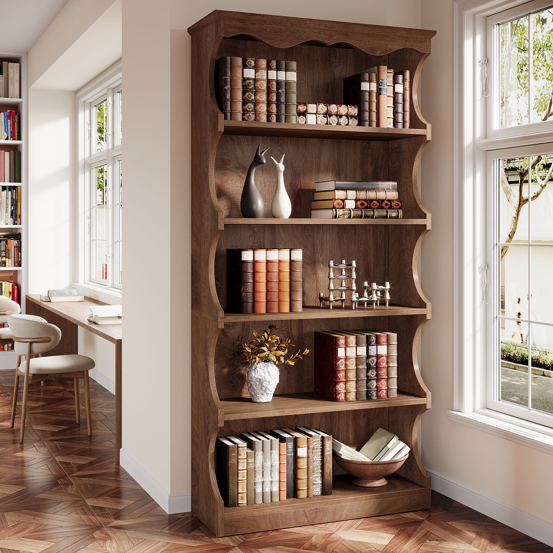 70" Vintage Bookcase, 5-Tier Bookshelf Display Shelves with Unique Curved-Edge Design