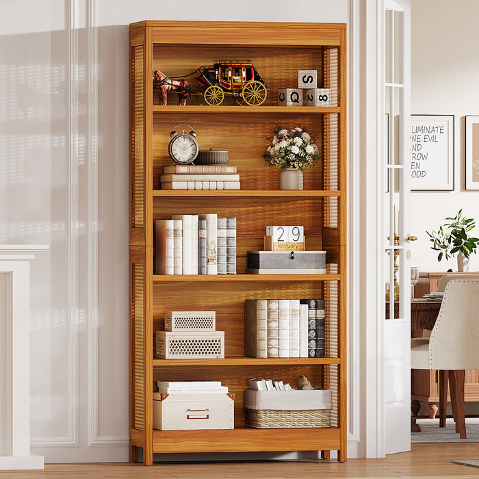 71" Bookcase, 6 - Tier Bookshelf Display Shelf Etagere with Rattan Accents Tribesigns