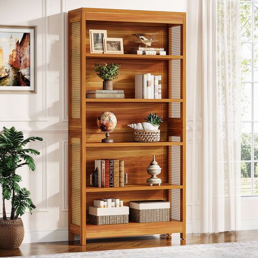 71" Bookcase, 6 - Tier Bookshelf Display Shelf Etagere with Rattan Accents Tribesigns