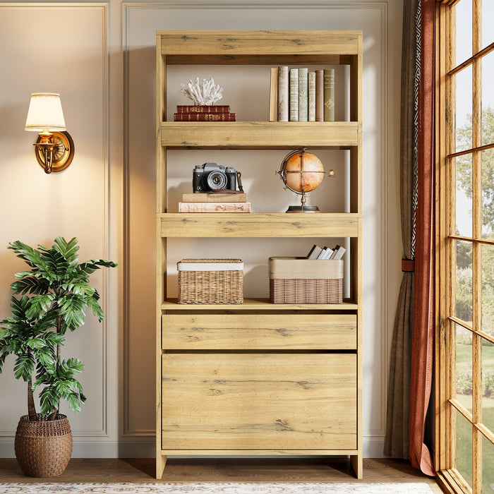 71" Bookshelf, Tall Bookcase with File Cabinet and Drawers Tribesigns