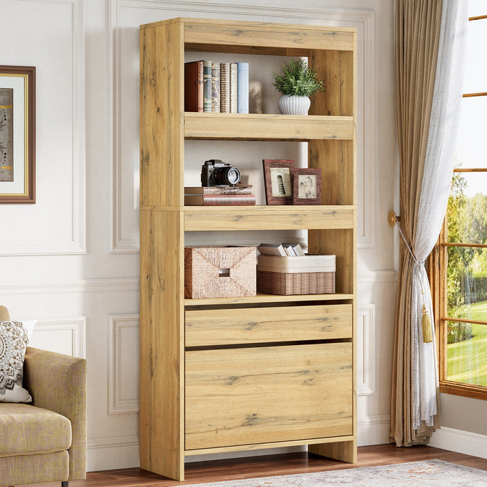 71" Bookshelf, Tall Bookcase with File Cabinet and Drawers Tribesigns