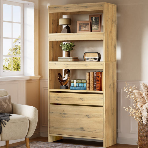 71" Bookshelf, Tall Bookcase with File Cabinet and Drawers Tribesigns