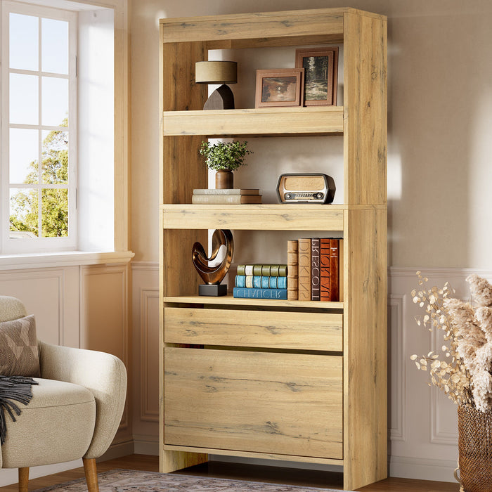 71" Bookshelf, Tall Bookcase with File Cabinet and Drawers Tribesigns