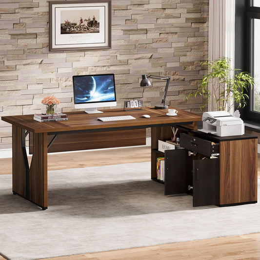 71" Executive Desk with Shelves, L - Shaped Computer Desk with Cabinet Tribesigns