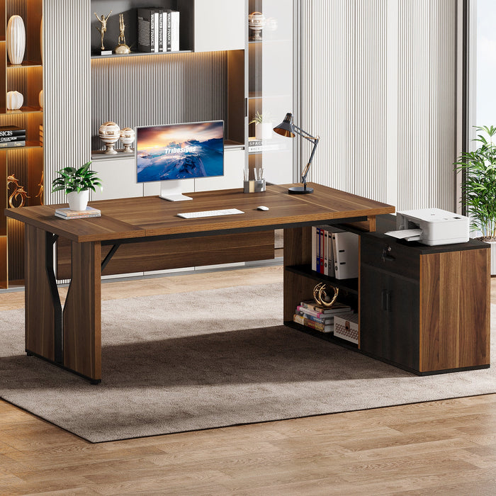 71" Executive Desk with Shelves, L - Shaped Computer Desk with Cabinet Tribesigns