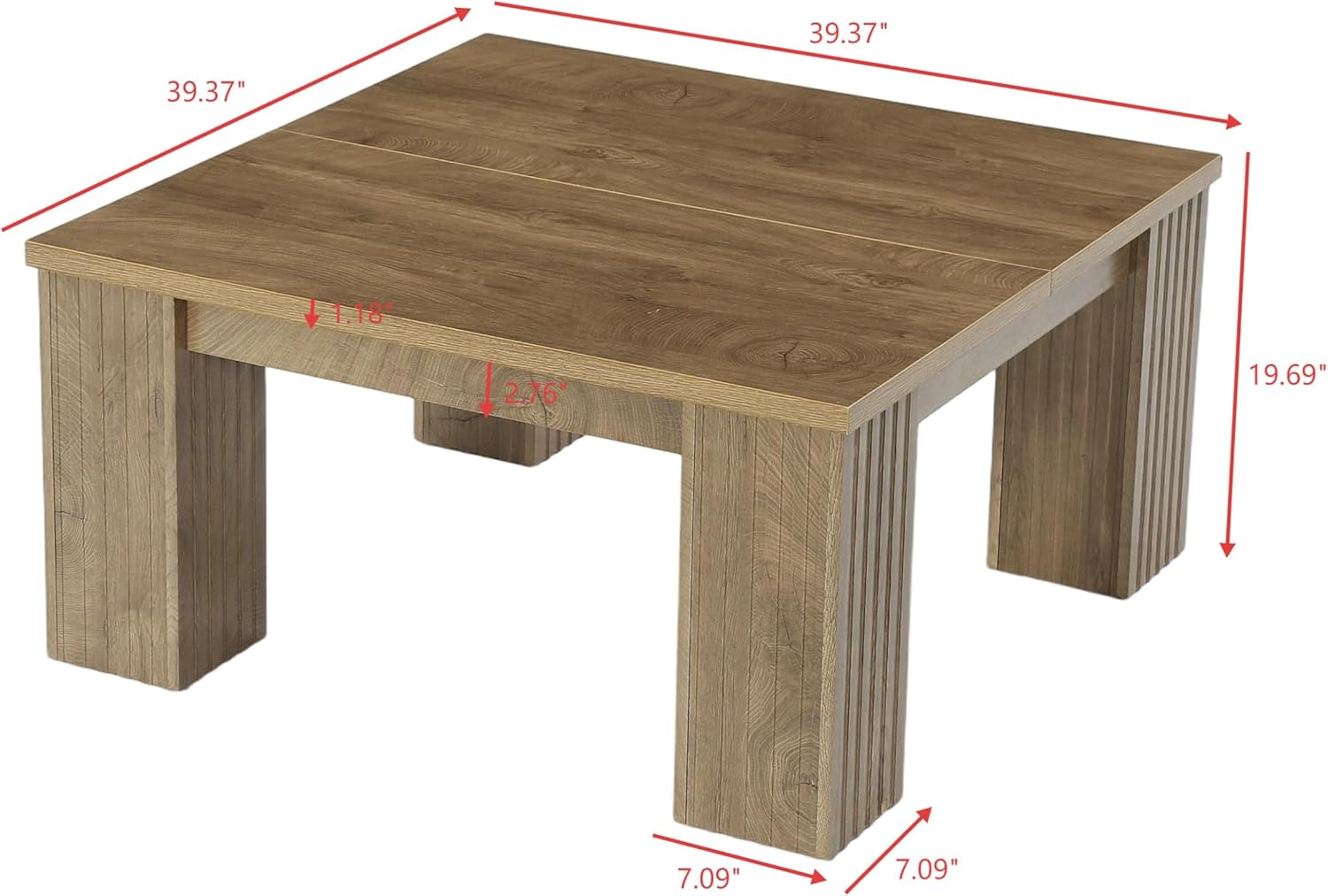 39" Square Coffee Table, Farmhouse Center Table with Fluted Legs