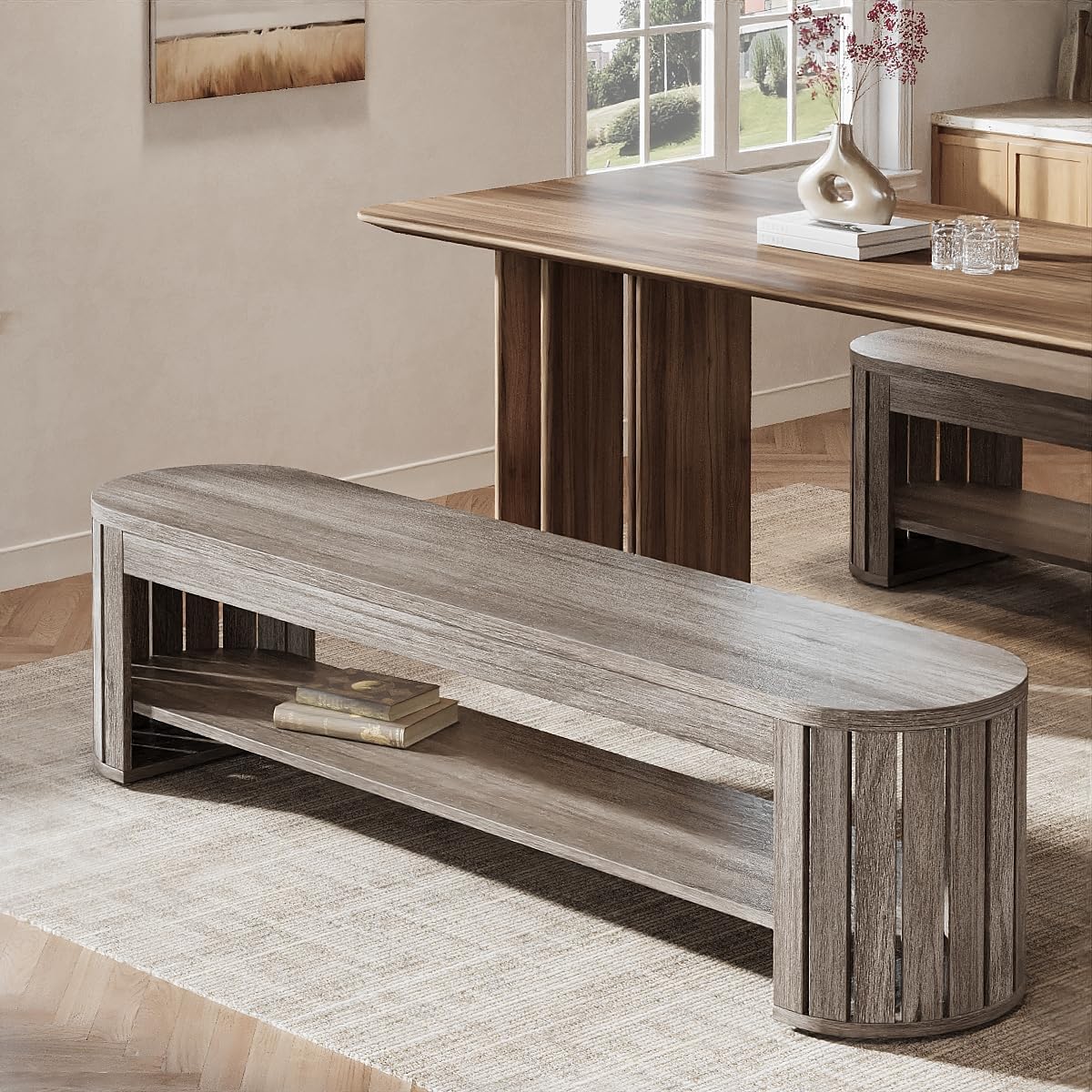 63" Dining Bench, Farmhouse Kitchen Dining Seat with Arc Vertical Slat Splicing Legs