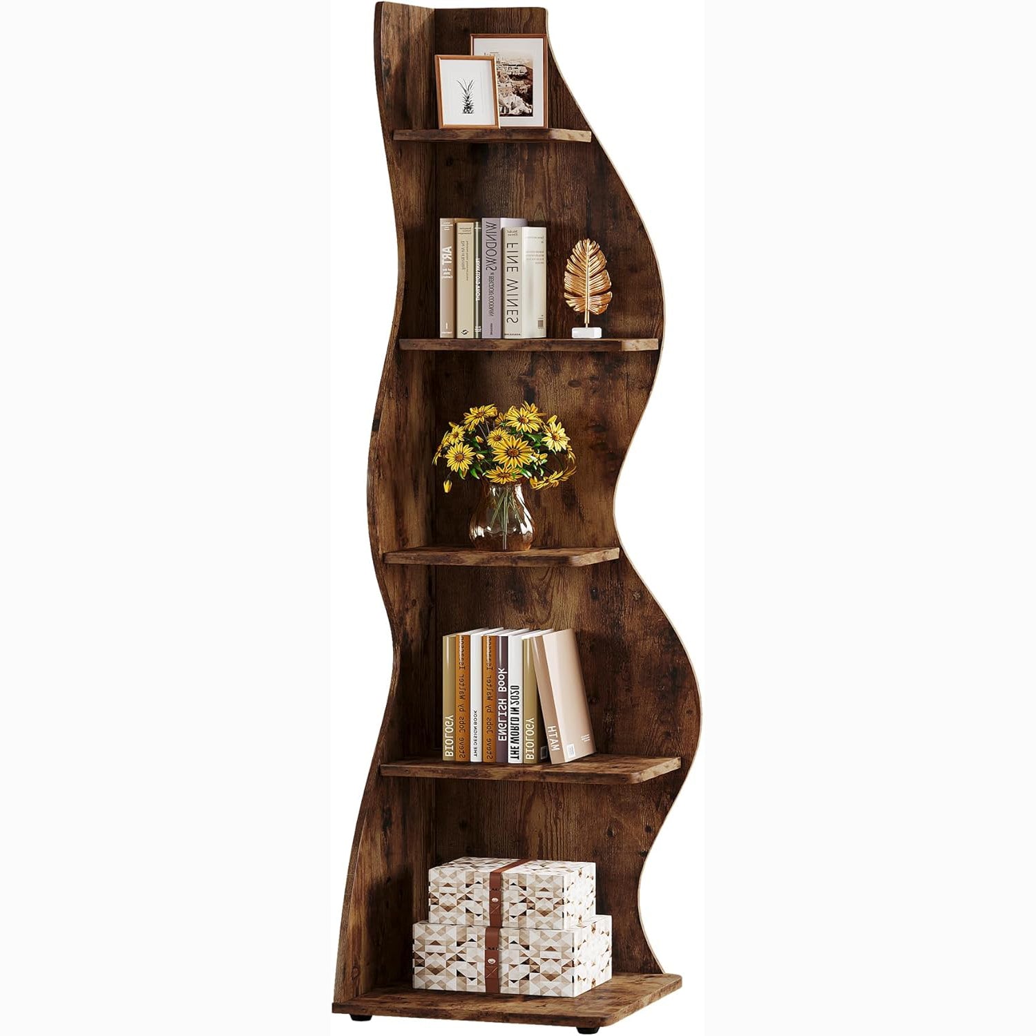 Tribesigns Wavy Corner Shelf, Modern 5-Tier Curved Bookshelf for Small Spaces