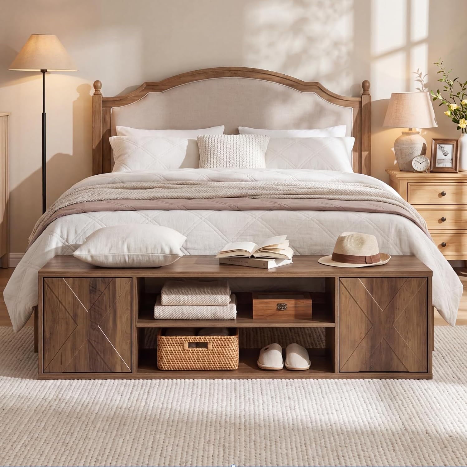 63" End of Bed Bench, 3-Tier Shoe Storage Bench with Cabinets
