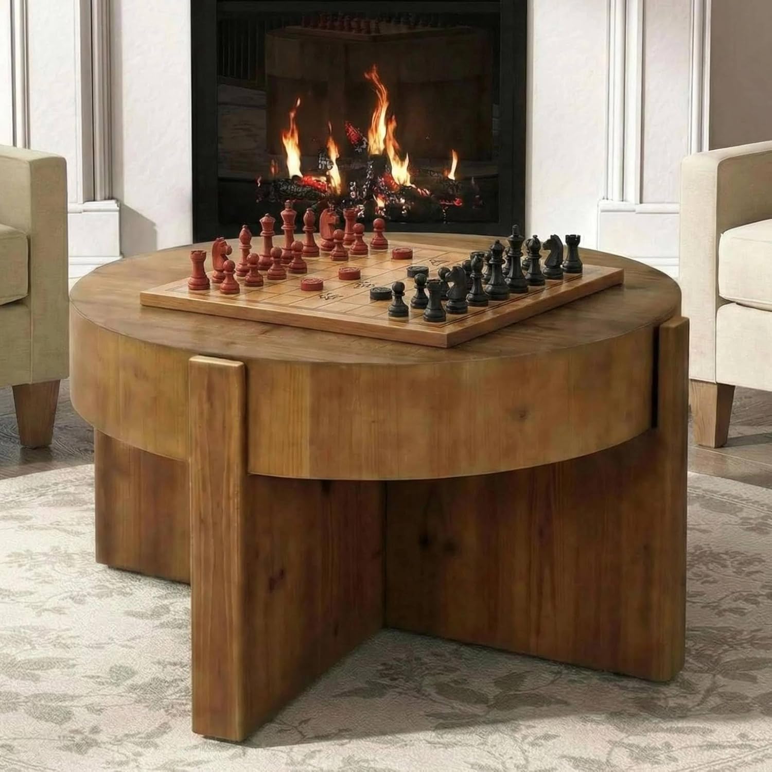 31.5" Round Coffee Table, Solid Wood Center Table with X-Shaped Legs