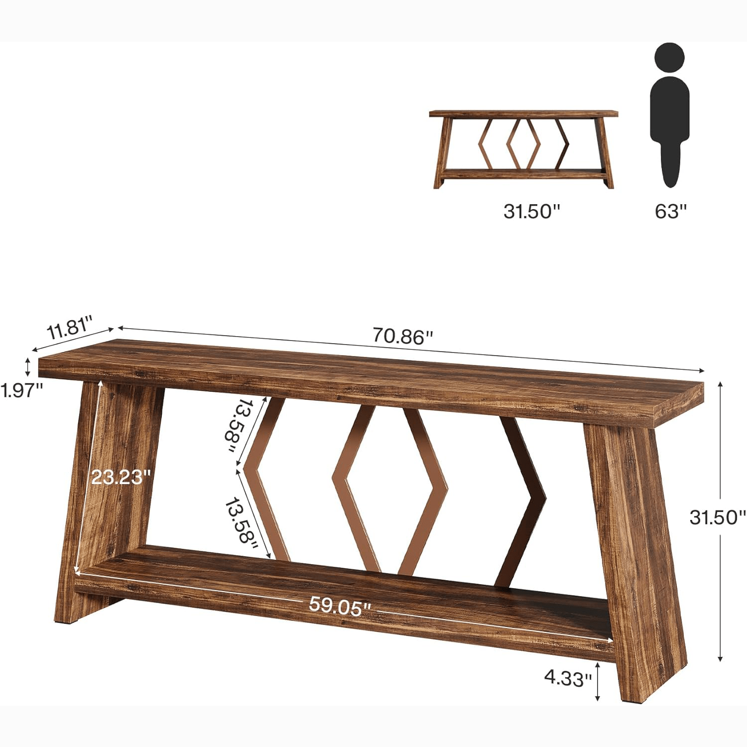 70.86" Extra Long Console Table, 2-Tier Wooden Sofa Table with Storage