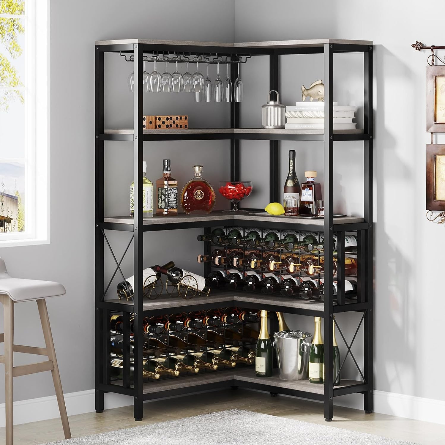 Tribesigns 5-Tier Corner Wine Bar Rack for Liquor and Glasses Storage