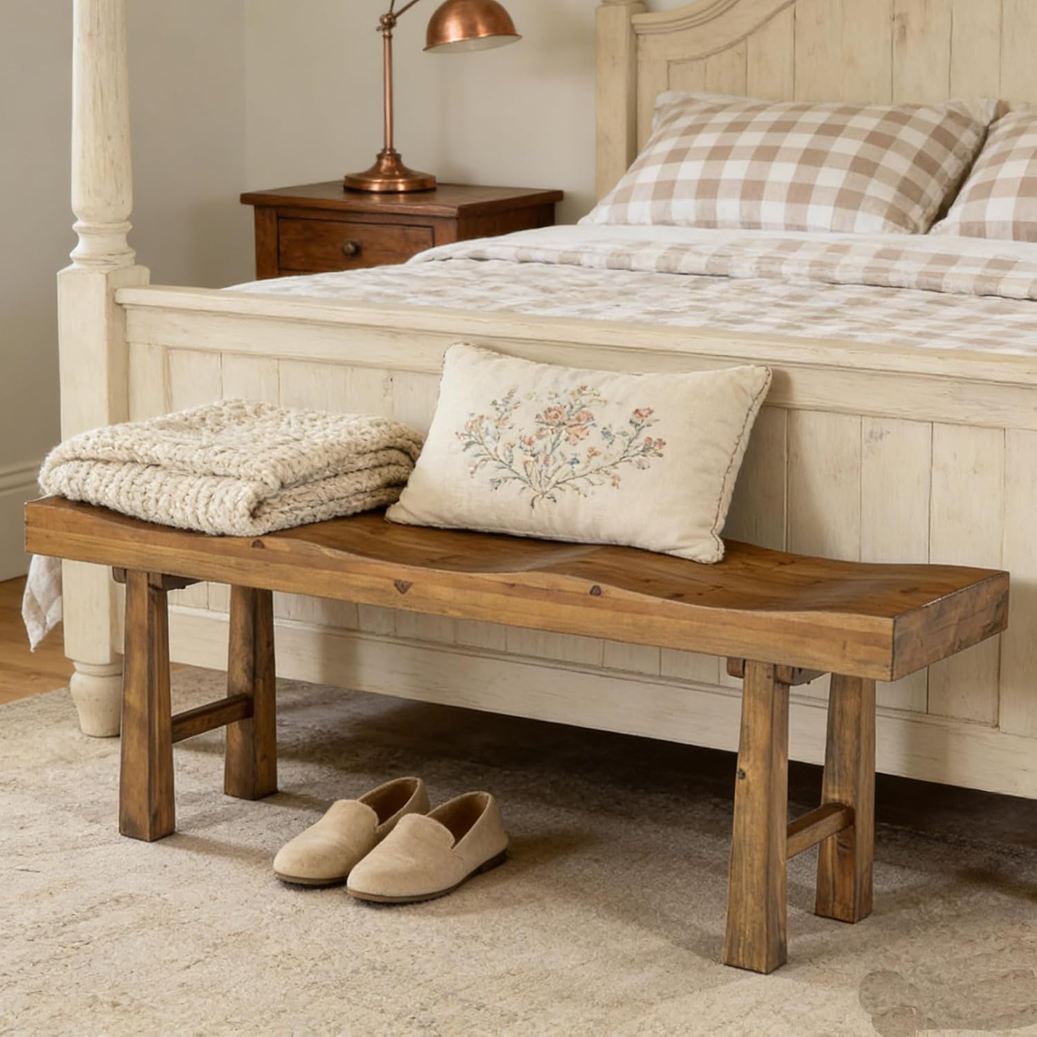 55" Entryway Bench, Solid Wood Storage Bench with Wave-Top Design for Foyer