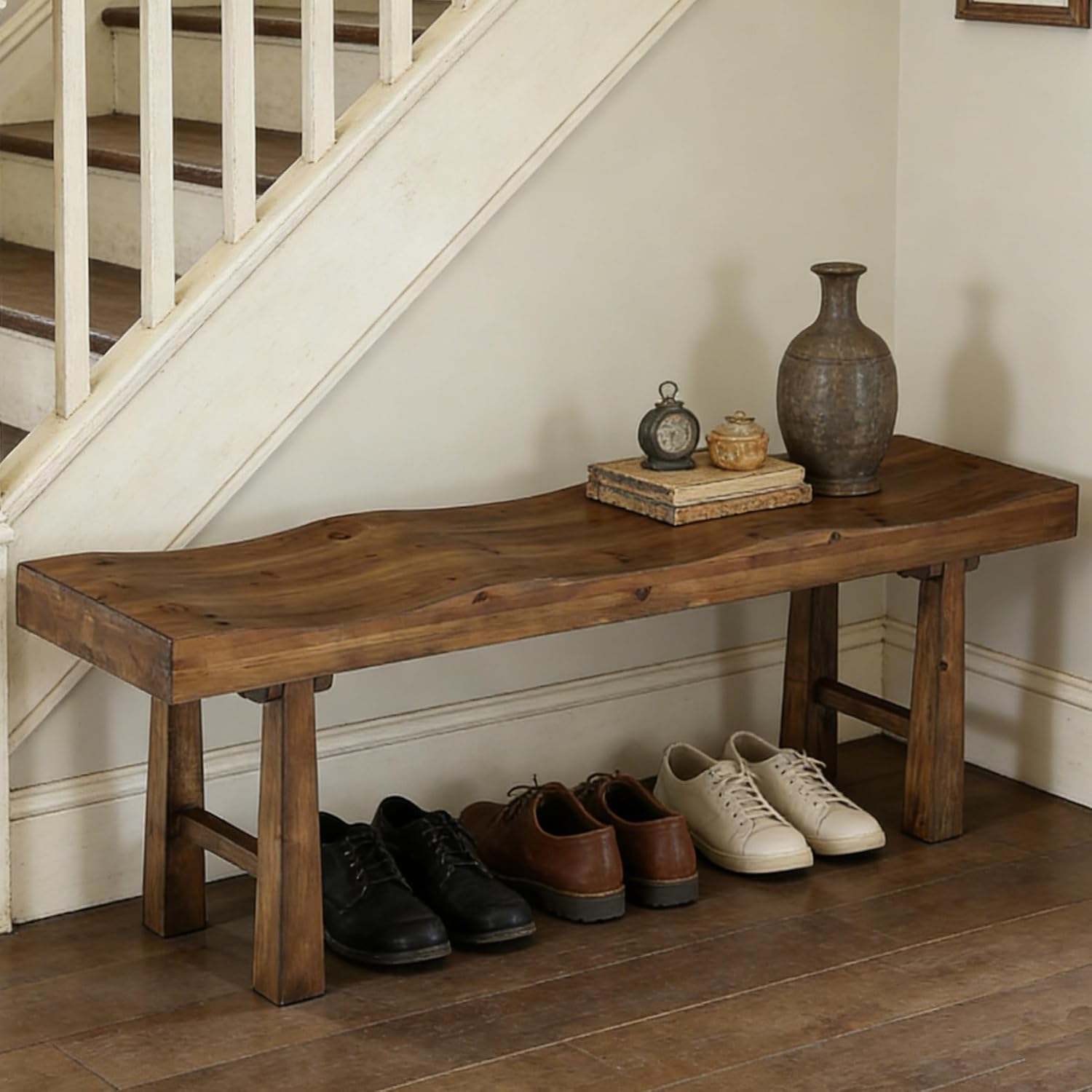 55" Entryway Bench, Solid Wood Storage Bench with Wave-Top Design for Foyer