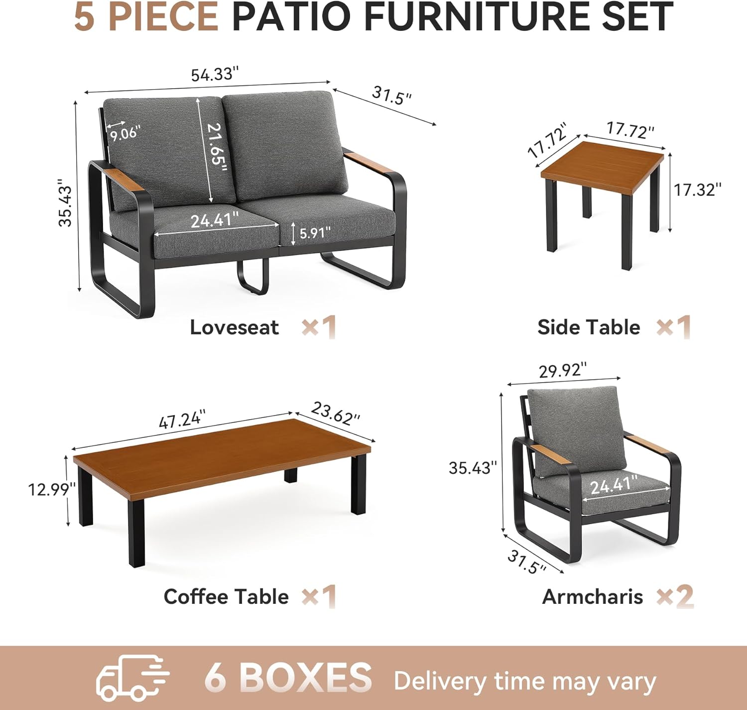 5-Piece Outdoor Patio Furniture Set Conversation Sets with Sofas & Coffee Table & Side Table
