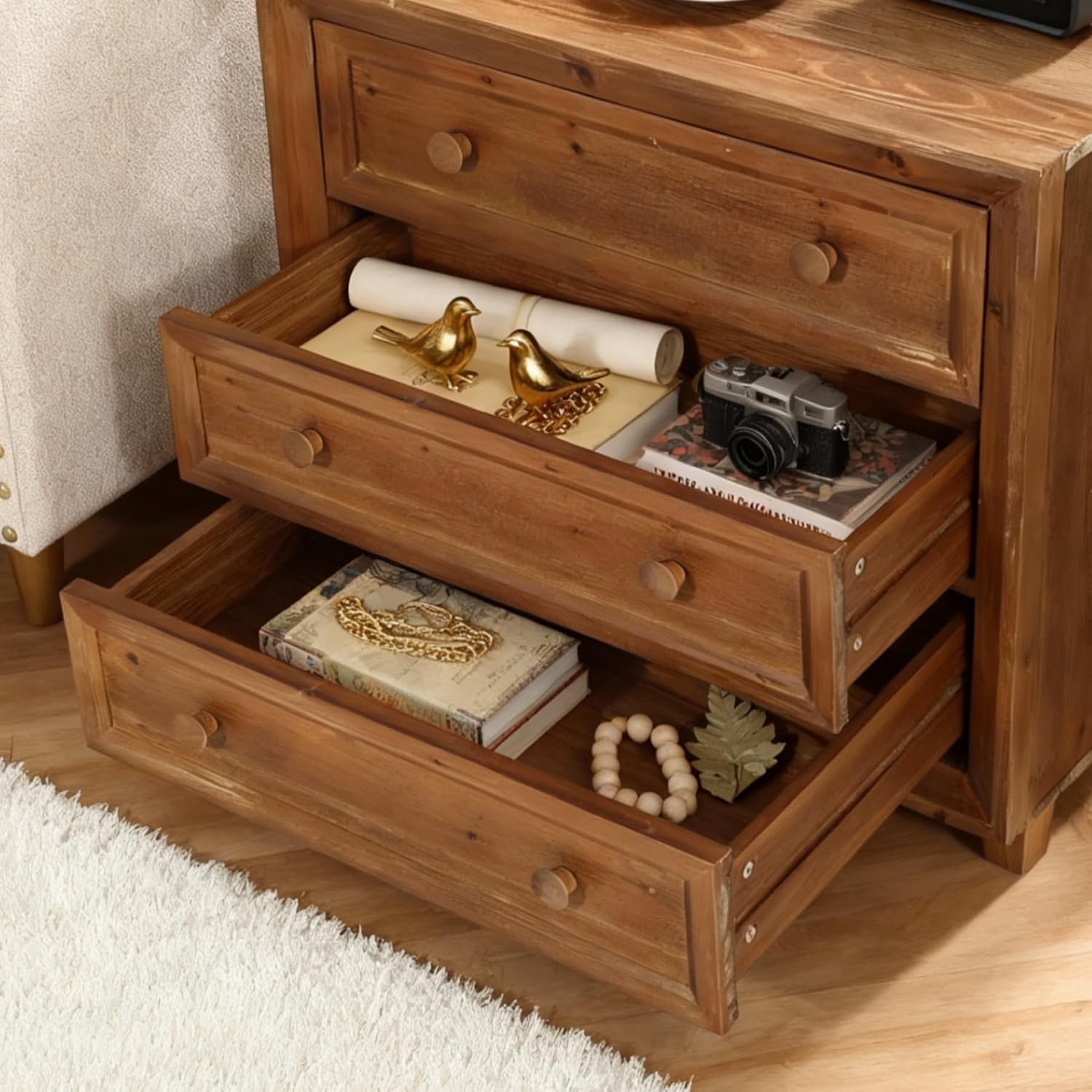 31.5" Wide Nightstand, Solid Wood Bedside Table with 3 Drawers