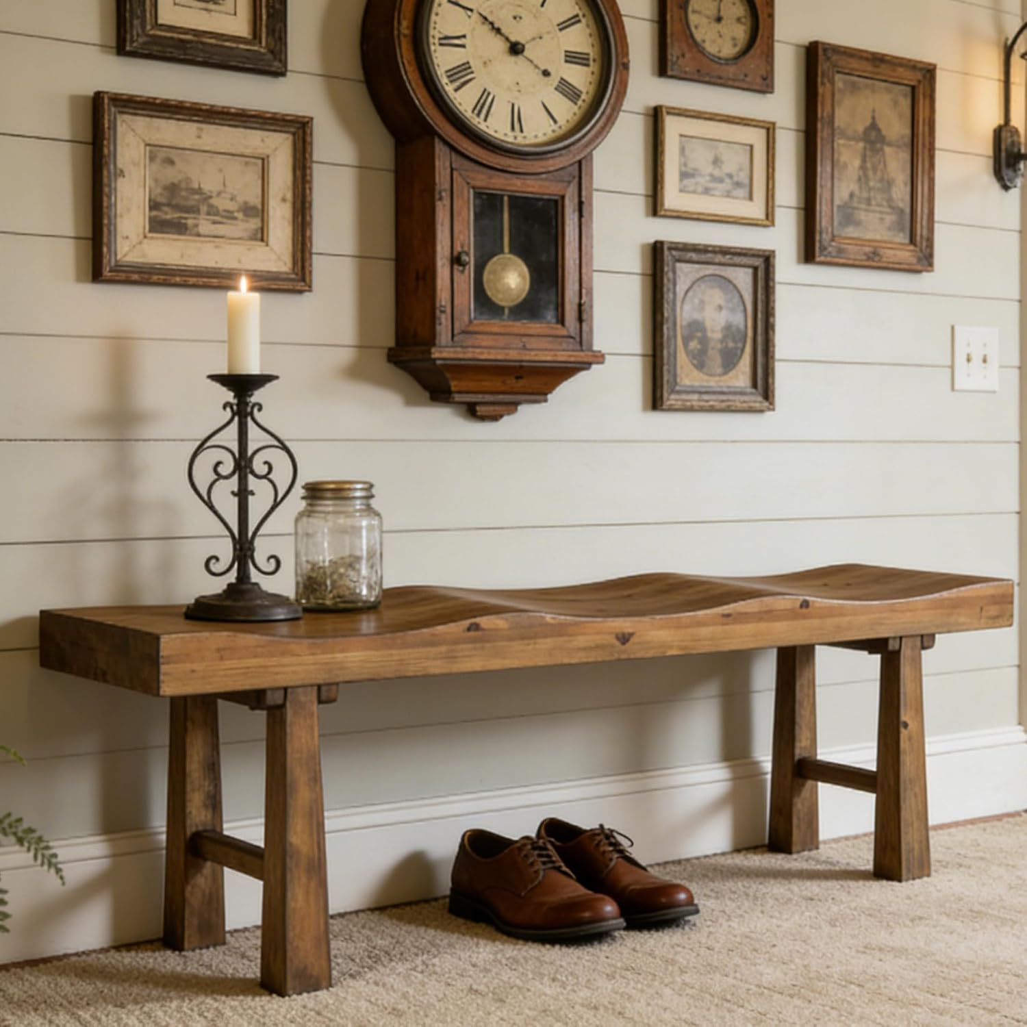 55" Entryway Bench, Solid Wood Storage Bench with Wave-Top Design for Foyer