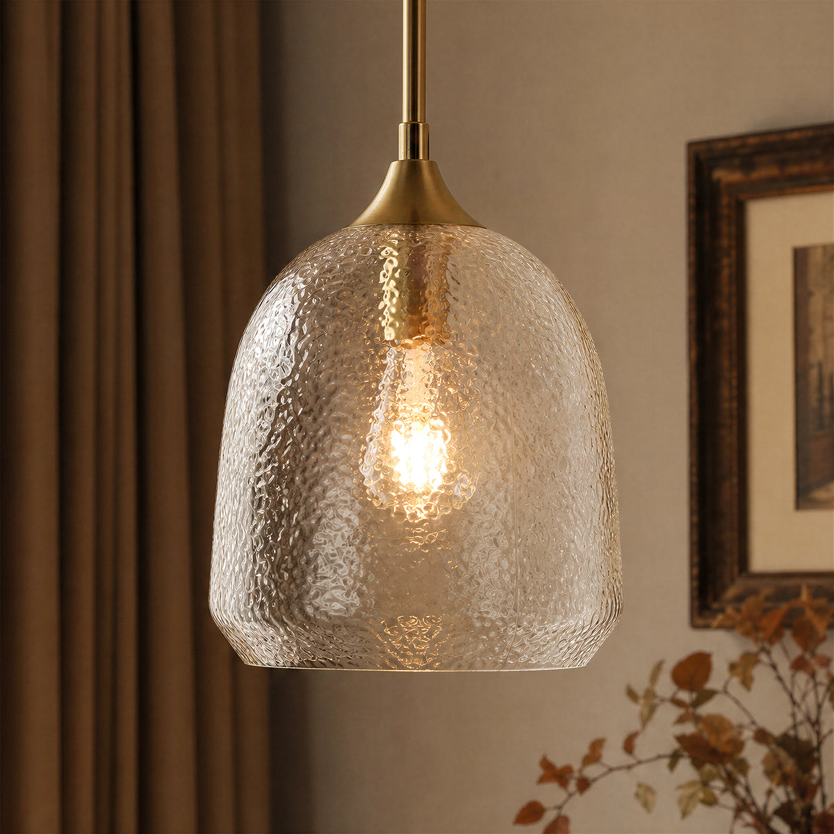 Tribesigns Modern Hammered Glass Pendant Light, Brass Island Light