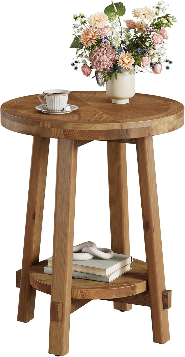 19.6" Round End Table, Solid Wood Side Table with 2-Tier Storage
