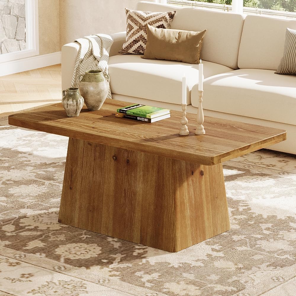 47" Wood Coffee Table, Farmhouse Center Table Tea Table with Sturdy Pedestal