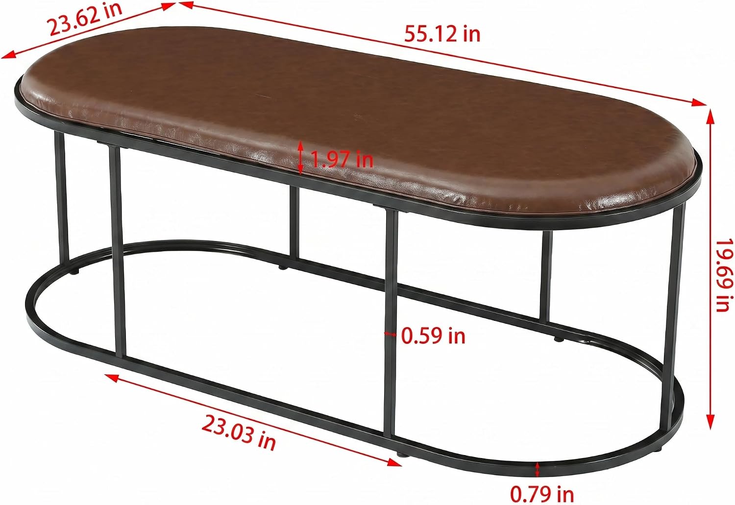 Oval Faux Leather Coffee Table, 55.12" Upholstered Center Table with Metal Base