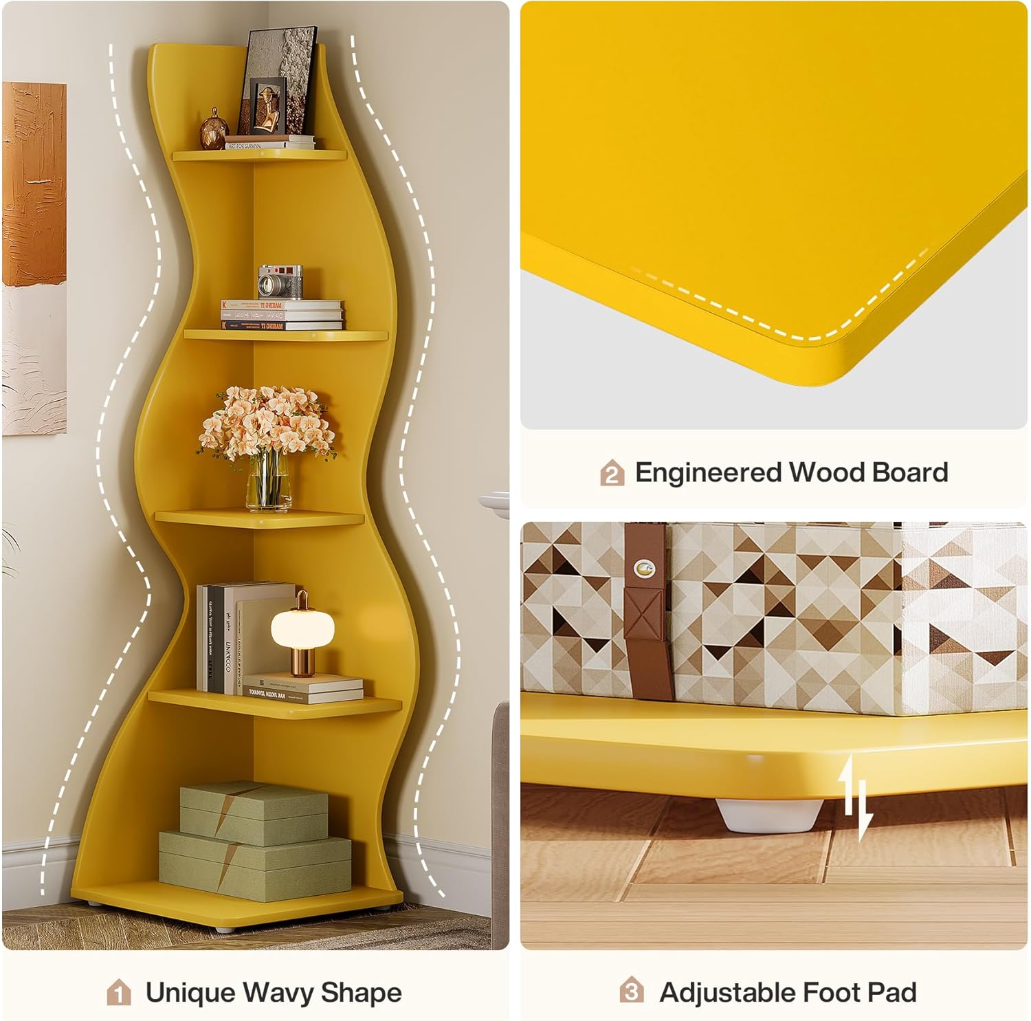 Tribesigns Wavy Corner Shelf, Modern 5-Tier Curved Bookshelf for Small Spaces