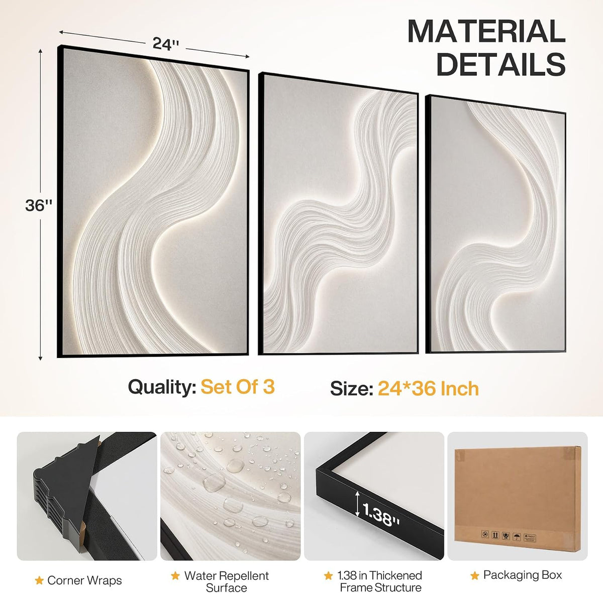 3-Piece 24x36" Modern Abstract Wall Art, Silver Framed Canvas Prints