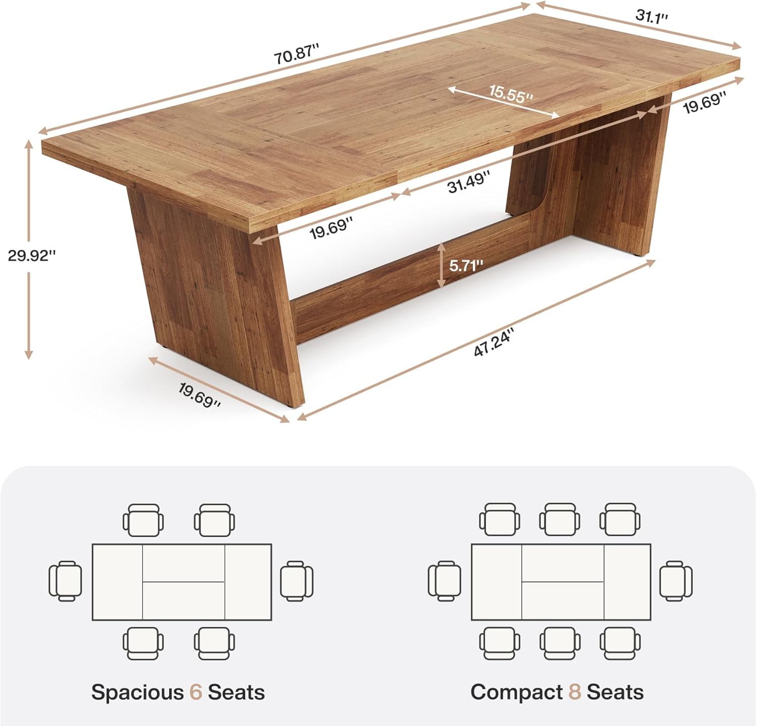 70.87" Rustic Brown Dining Table, Large Farmhouse Rectangular Table with Solid Pedestal Base