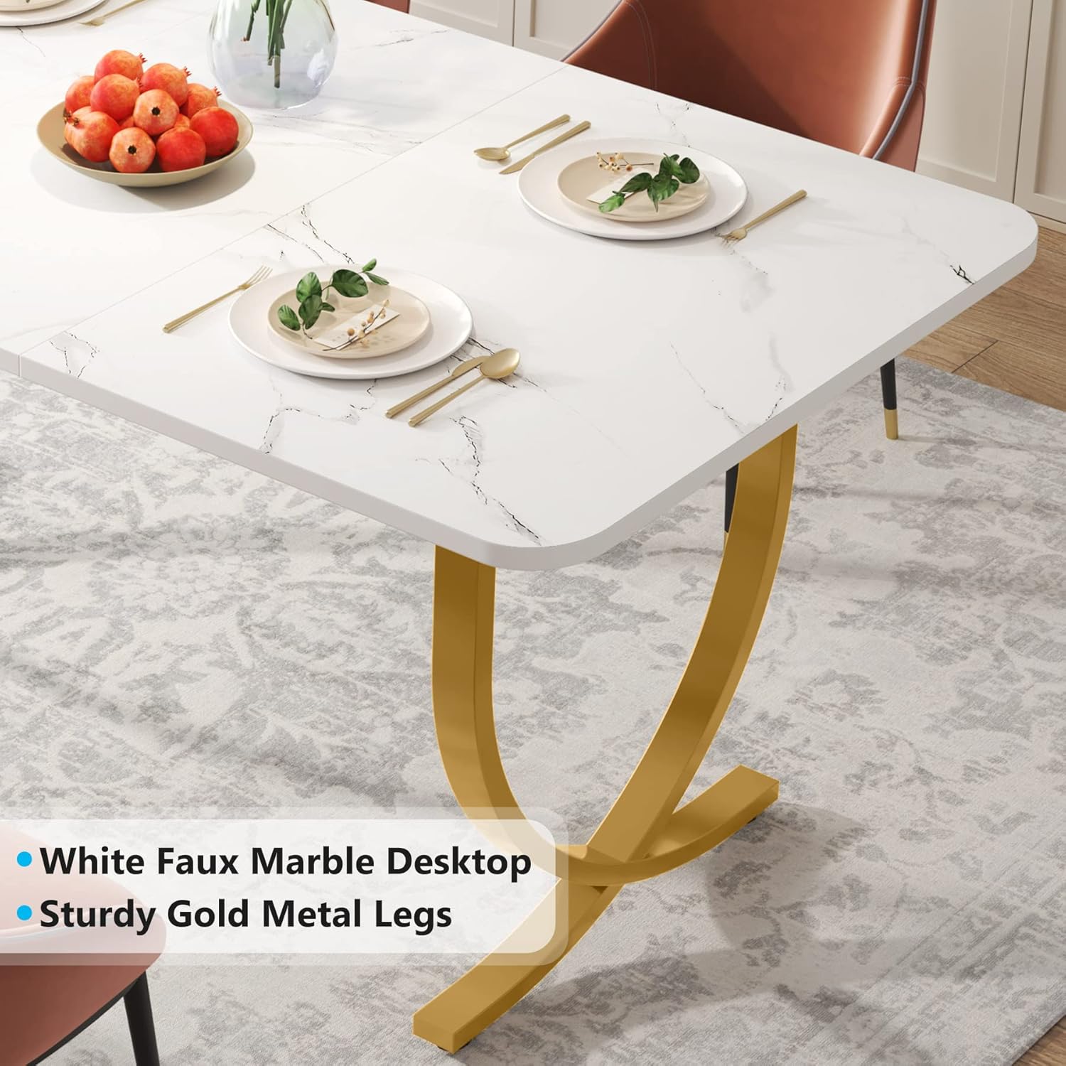 63" Modern Kitchen Table with Gold Metal Legs, Faux Marble Rectangular Dining Table