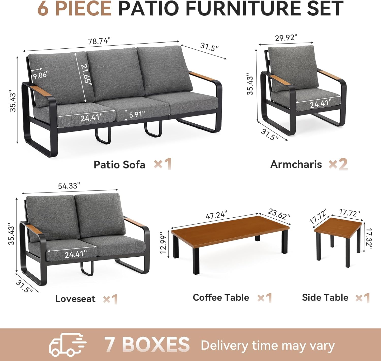 6-Piece Patio Furniture Set Outdoor Conversation Sets with Sofas & Coffee Table & Side Table
