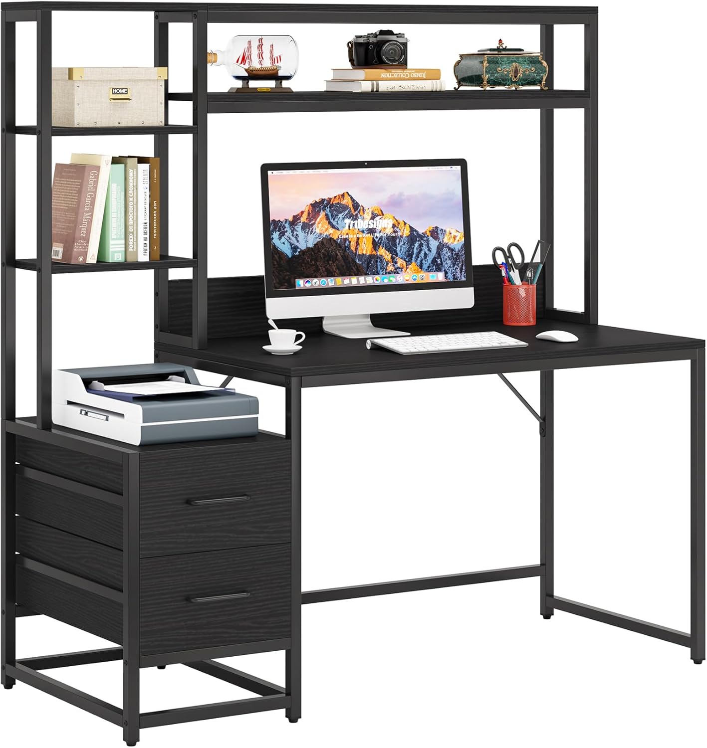 Tribesigns 55 Inch Computer Desk with Storage Shelves, Rustic Office Desk with Drawers