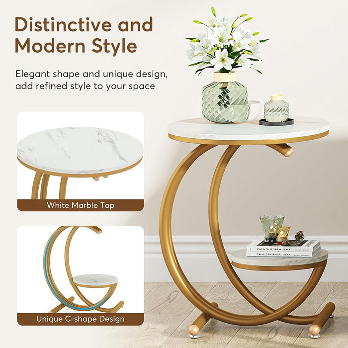End Table, 2-Tier Faux Marble Side Table with C-Shaped Frame Tribesigns