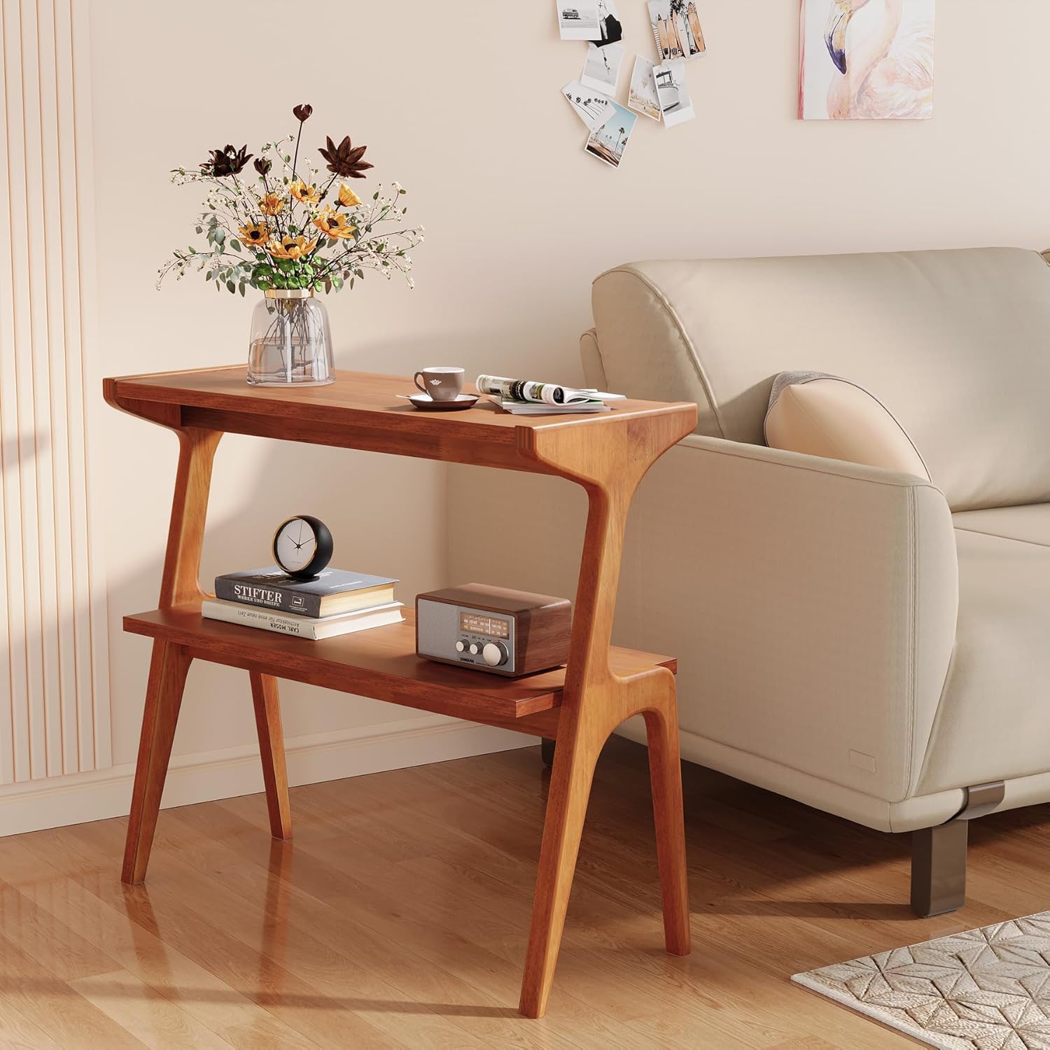 2-Tier Slim End Table,  Solid Wood Sofa Side Table with Storage Shelf