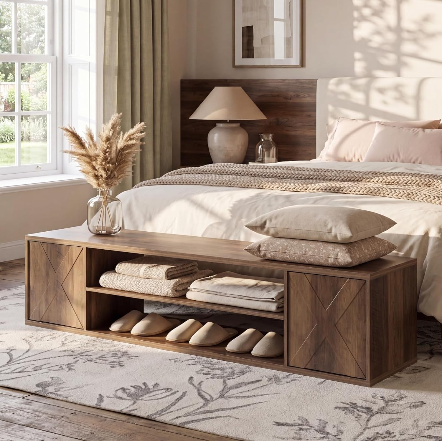 63" End of Bed Bench, 3-Tier Shoe Storage Bench with Cabinets