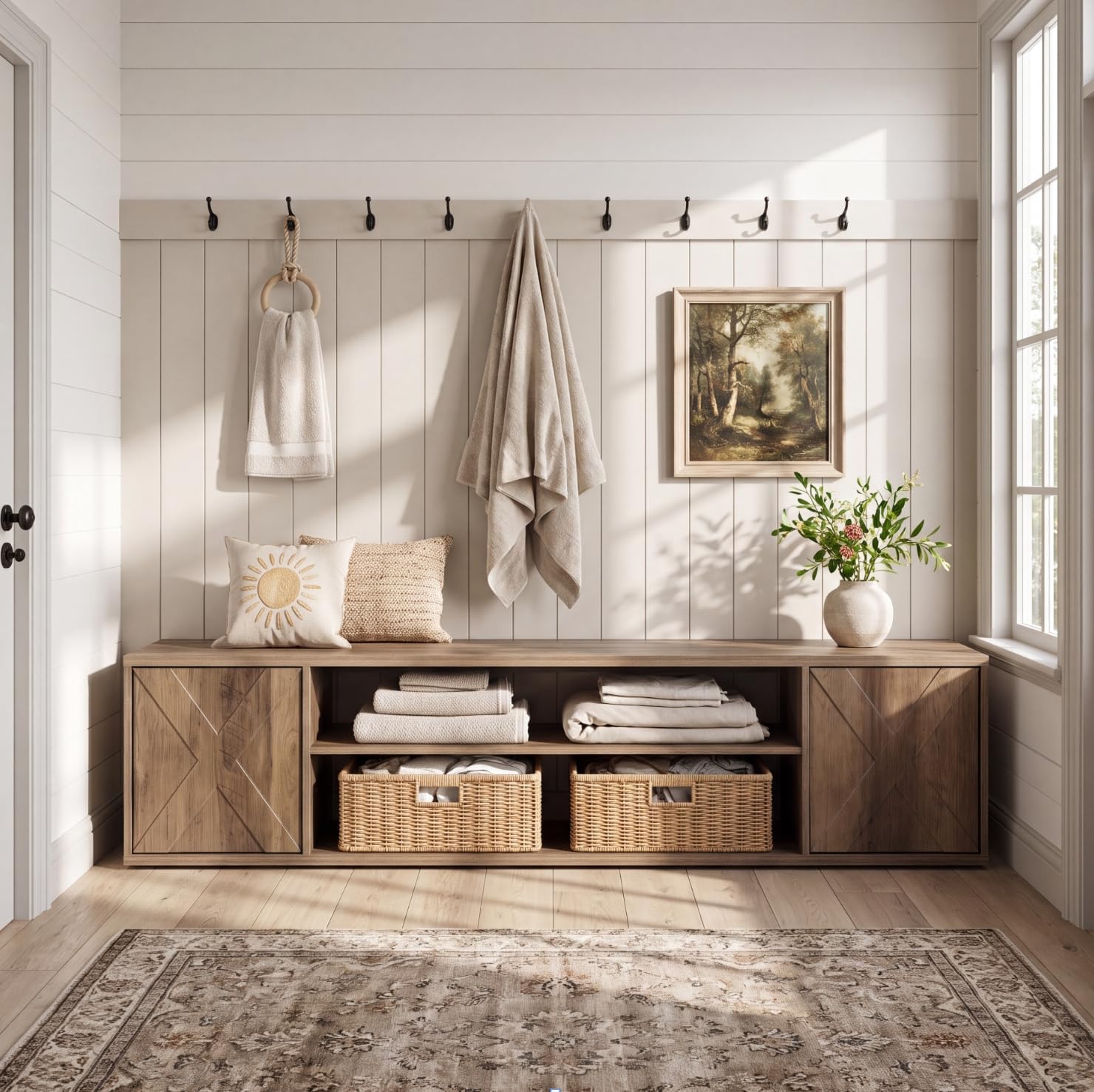 63" End of Bed Bench, 3-Tier Shoe Storage Bench with Cabinets