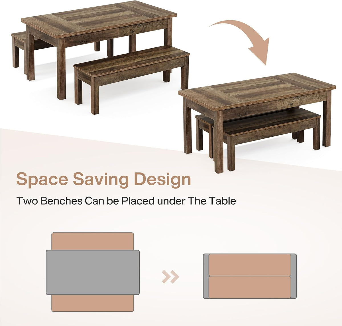 55" Farmhouse Kitchen Table Set for 4–6 People, 3 Piece Space Saving Dining Table with 2 Benches